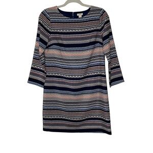 J. Crew striped multi navy, blue, coral pattern sheath long sleeve dress. Size 0